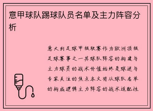 意甲球队踢球队员名单及主力阵容分析
