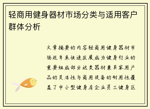 轻商用健身器材市场分类与适用客户群体分析