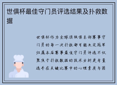 世俱杯最佳守门员评选结果及扑救数据